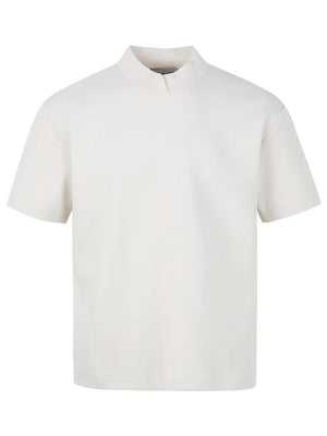 Men's white cotton mock neck short sleeve t-shirt with a casual fit.