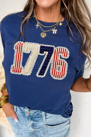 Patriotic appliqué 1776 maternity t-shirt in navy cotton with round neck.