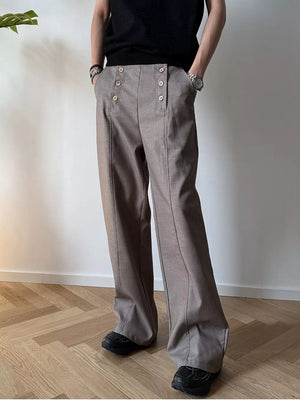 Men's mocha high-waisted wide leg pants with button detail