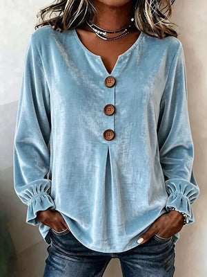 Velvet Button Decor Blouse With Ruffled Cuffs in Black, model styling view