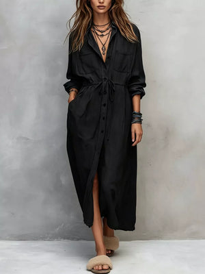 Full Size Button Front Long Sleeve Shirt Dress Plus Size in Apricot, back view