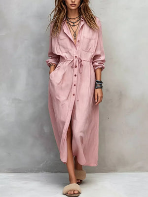 Full Size Button Front Long Sleeve Shirt Dress Plus Size in Apricot, view 12
