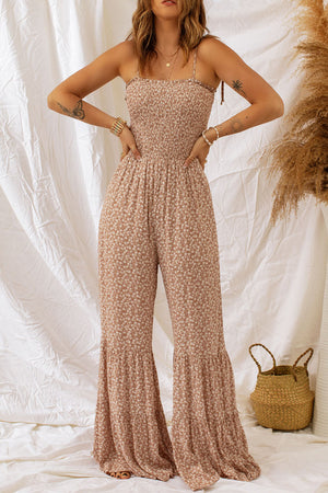 Camel floral smocked strappy jumpsuit with tiered flare legs