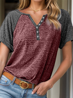 Burgundy and gray raglan sleeve henley tee with button detail