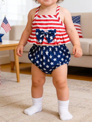 Baby outfit set with red and white striped top and blue star bloomer shorts, featuring a bow.