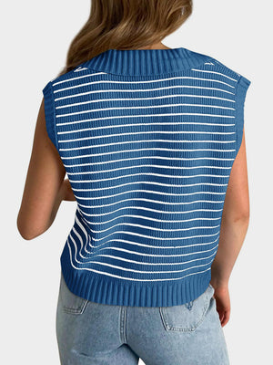 Blue ribbed knit polo vest with white horizontal stripes and a collared neckline.