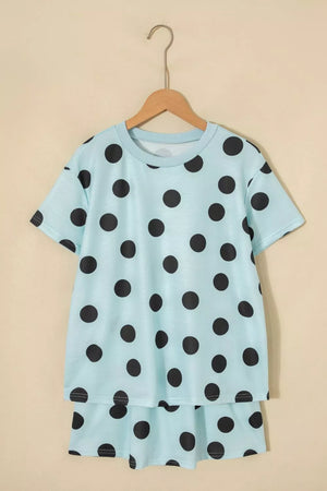 Light blue polka dot two-piece set with crew neck t-shirt and tiered skirt.