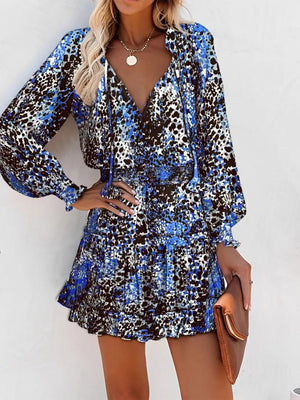 Blue leopard print tiered mini dress with ruffles and long sleeves