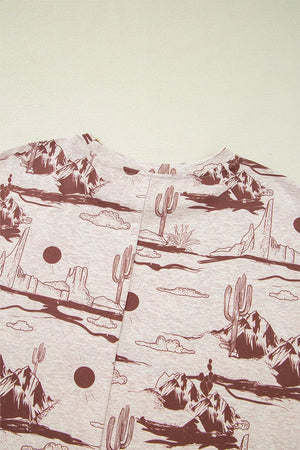 Desert Sand Print Short Sleeve Knit Top in Dust Storm, fabric detail