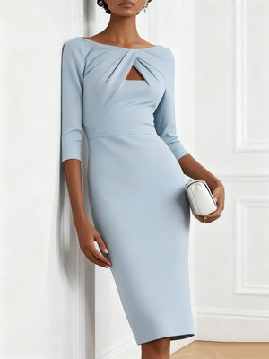 Light blue midi dress with twist-front neckline and cutout detail.