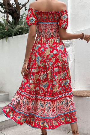 Red floral off-shoulder dress with smocked bodice and tiered skirt