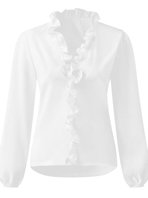 White blouse with cascading ruffle front and balloon sleeves