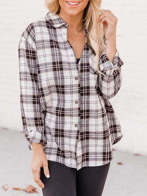 Relaxed fit plaid button-down shirt in white with black and pink plaid.