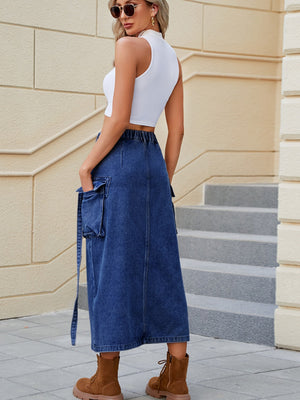 Dark blue denim midi skirt with cargo pockets and a tie belt, high rise.