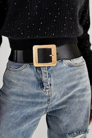 Black vegan leather belt with a wide square gold buckle.