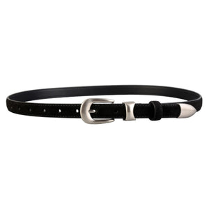 Black leather skinny belt with silver buckle and tip accents