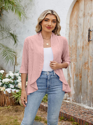 Dusty Pink eyelet cardigan with waterfall front and 3/4 sleeves.