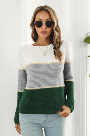 Colorblock ribbed boatneck sweater in white, grey, and dark green acrylic with yellow accents.