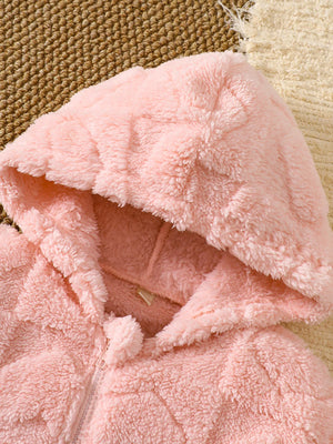 Dusty pink fuzzy hooded jacket with heart pattern and zipper detail