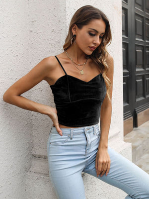 Black velvet bustier crop top with spaghetti straps and sweetheart neckline