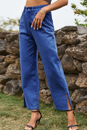 Split hem straight leg jeans in dark blue denim with a cropped length.