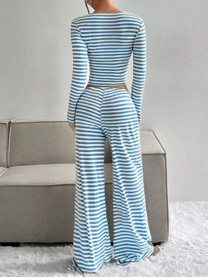 Blue and white striped crop top and wide-leg pants set with drawstring waist.