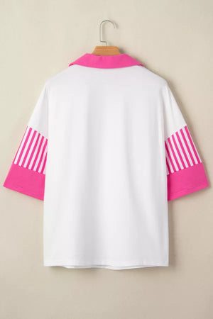 White polyester polo shirt with pink striped sleeves and collar.