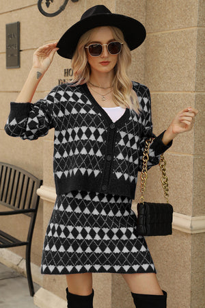 Black argyle knit cardigan and mini skirt set with button front and v-neck.