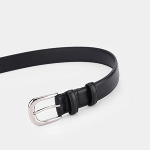 Black cowhide leather slim belt with silver buckle detail