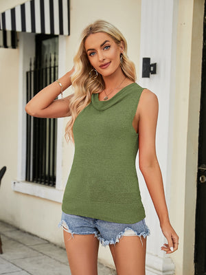 Matcha green cowl neck sleeveless knit top with a textured acrylic fabric.