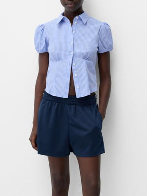 Light blue striped maternity shirt with puff sleeves and gathered waist