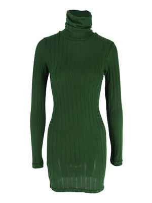 Green ribbed turtleneck bodycon mini dress with long sleeves