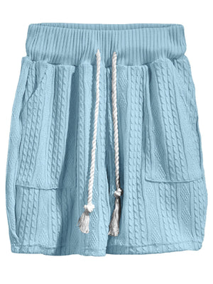 Sky blue cable-knit shorts with drawstring and pockets