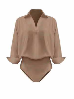 Khaki long sleeve collared bodysuit with cuffed sleeves
