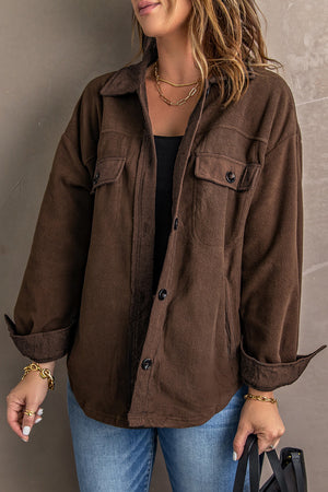 Fleece shirt jacket in Chestnut with patch pockets and button front.