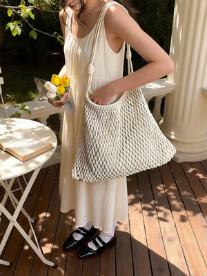 Woven Net Shoulder Bag in White, close-up detail