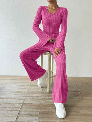 Hot Pink ribbed knit loungewear set with flared sleeves and pants.