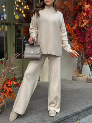 Relaxed fit knit co-ord set in Ochre, featuring a mock neck sweater and wide-leg pants.
