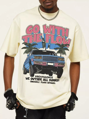 Cream cotton oversized graphic tee with vintage car and palm tree print.