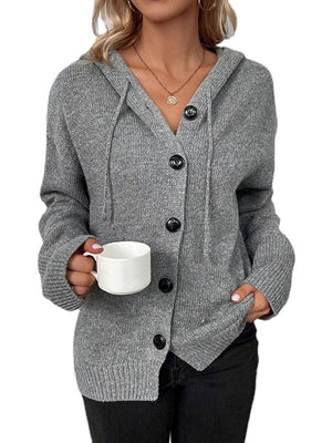 Gray ribbed knit hooded cardigan with button front and drawstring hood.