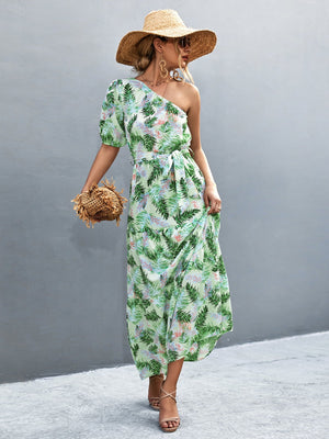 Light green tropical print one-shoulder maxi dress with balloon sleeves and a tie waist.