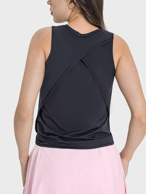 Black performance tank top with crisscross back detail