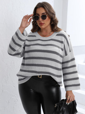 Light gray and dark gray striped knit sweater with shoulder buttons.