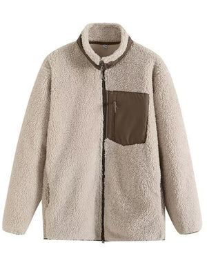 Beige sherpa zip-up jacket with brown patch pocket and collar detail.