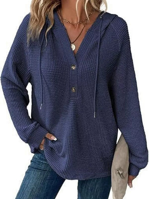 Full Size Waffle Knit Half-button Hoodie Plus Size in Black, fit detail