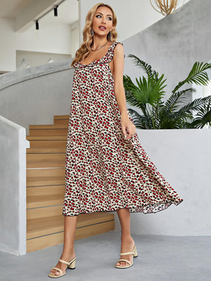 Leopard print midi dress in deep red with ruffle straps and a casual fit.