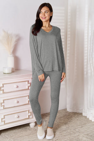 Gray knit loungewear set with V-neck long sleeve top and leggings