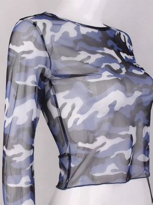 Sheer camouflage long sleeve tee in blue with a crew neck and cropped hem.