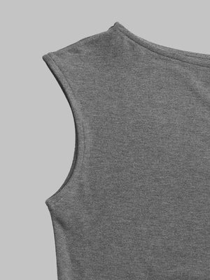 Grey boat-neck sleeveless top with ruching detail and drawstring waist