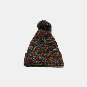 Textured knit pom beanie with multicolor yarn and faux fur pom.